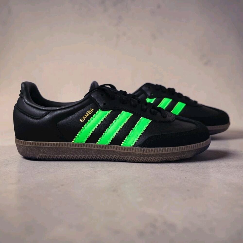 adidas Samba OG Black Screaming Green Gum Leather Shoes Mens 5 Womens 5.5 JR091